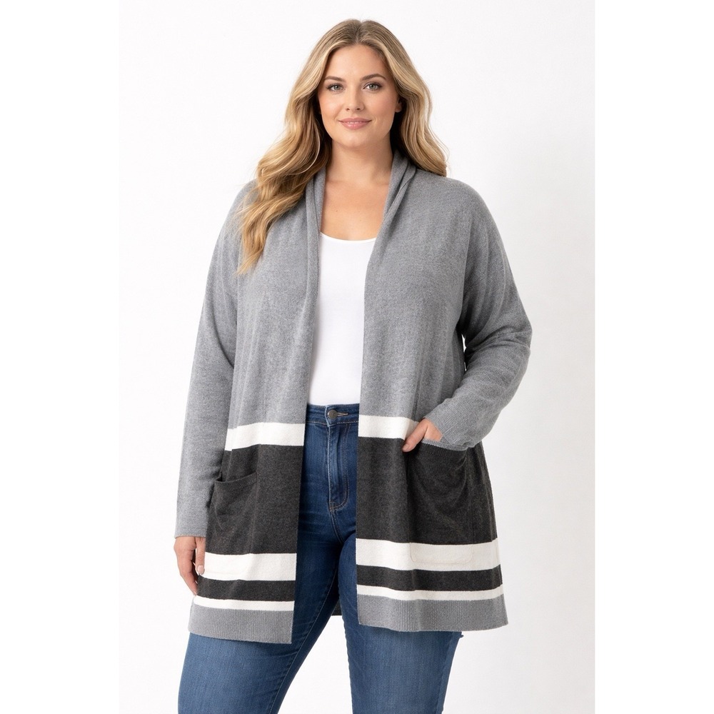 Loft Women's XL Colorblock Striped Front Pockets Nylon Wool Blend Open‎ cardigan